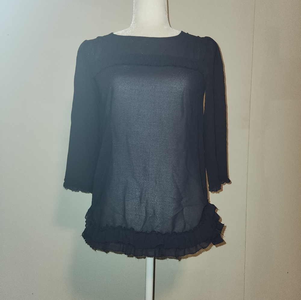 Vintage Gap Ruffled 3/4 Sleeve Semi-Sheer Dark Navy Blue Blouse Extra Small XS